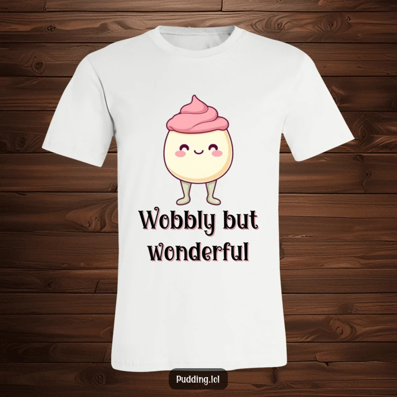Funny T-Shirt showcasing a pudding cup character with comically shaky jelly legs, ready to tumble with a joyful, wobbly spirit.