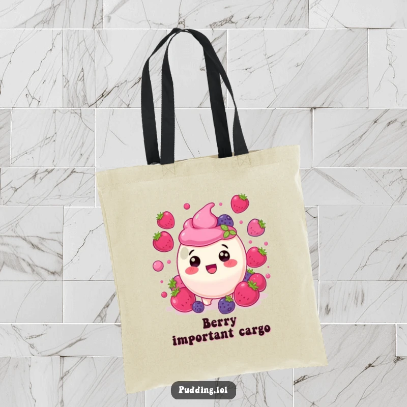 Funny berry pudding character, delighted amongst bouncing berries, perfect for carrying items in this humorous tote bag.