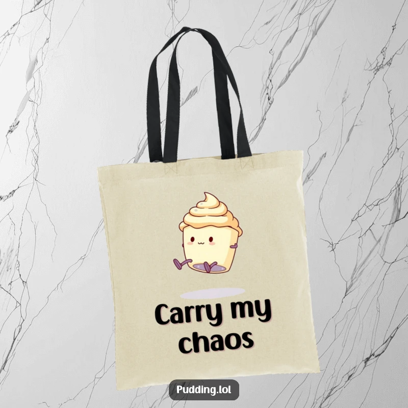 Funny Tote Bag: A pudding cup character with legs attempts a clumsy somersault, perfect for carrying your items with playful energy.