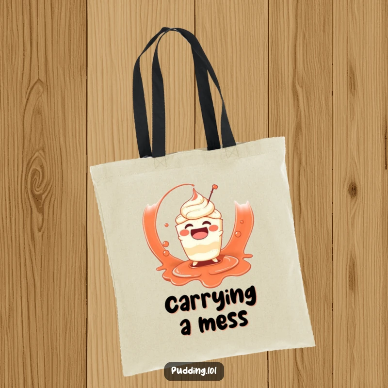 Funny tote bag showcasing a delighted pudding cup character joyfully splashing in a tempting pool of sauce, a scene of messy fun.