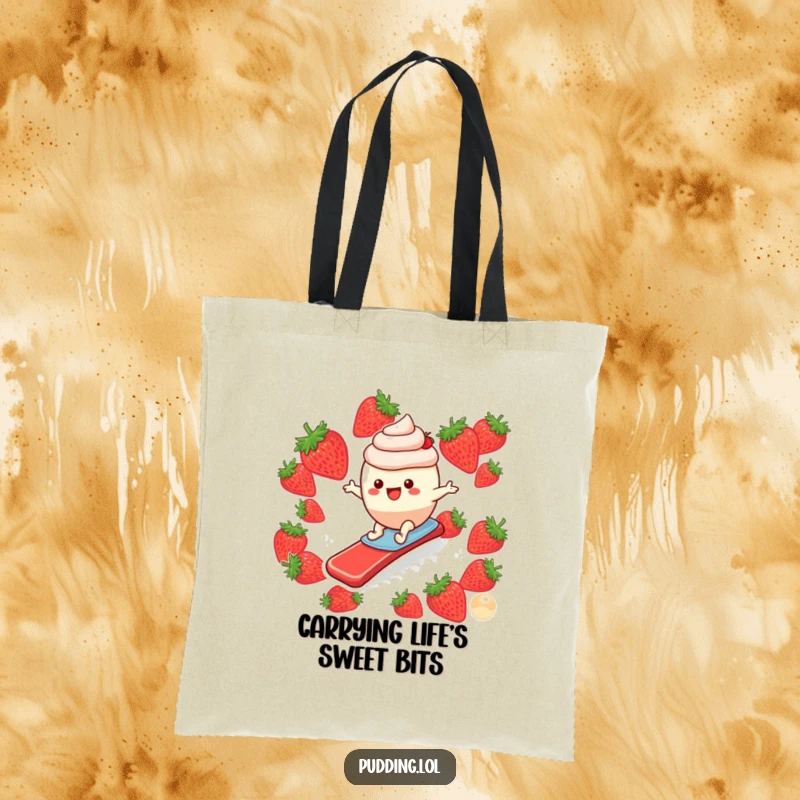 Funny tote bag illustrating a gleeful pudding cup character executing a perfect surf on a slippery strawberry slide.