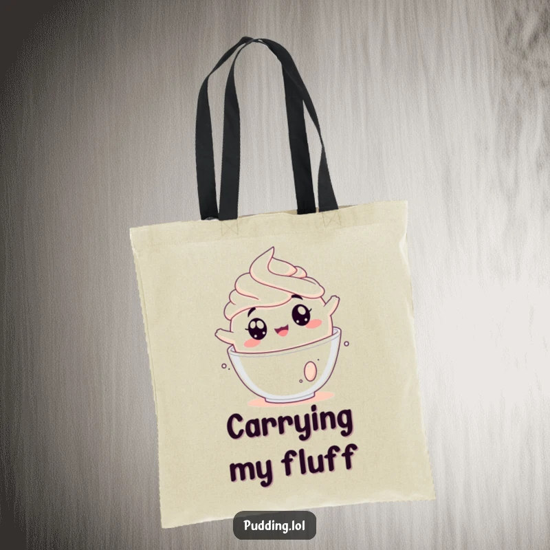 Funny pudding tote bag with a jiggly pudding cup tumbling into whipped cream, ideal for carrying treats.