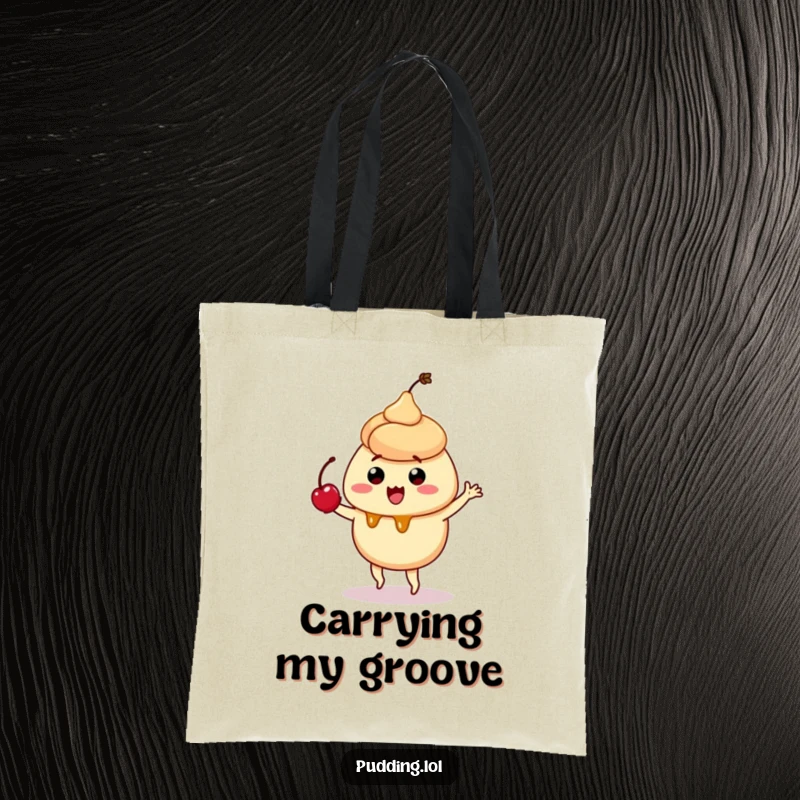 Funny tote bag showcasing a quivering caramel pudding character doing a silly dance, cherry balanced, perfect for sweet-savvy shoppers.