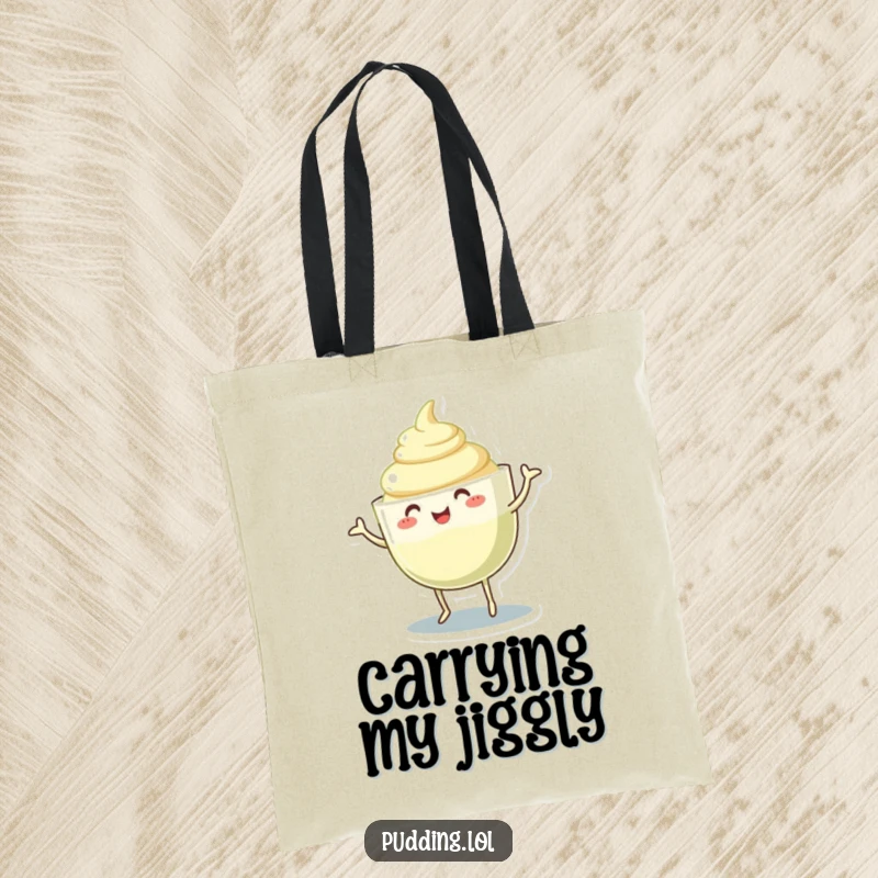 Funny pudding cup tote bag with a character dancing and wiggling its gelatinous body, ideal for carrying items with playful energy.
