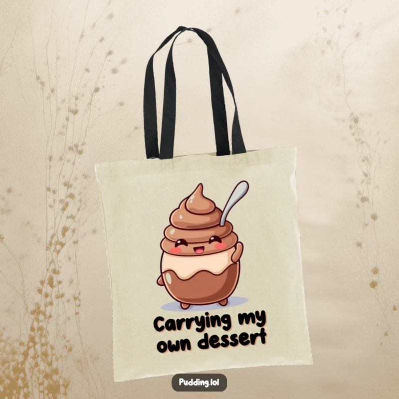 Funny beaming chocolate pudding character with a spoon stuck in it on a tote bag, ideal for carrying daily items with sweet humor.