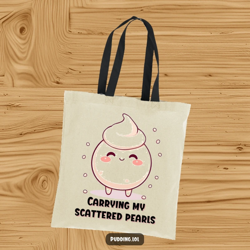 Funny tapioca pudding character with scattering pearls, looking silly, perfect for carrying items in this humorous tote bag.