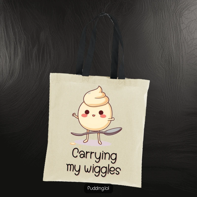 Funny Tote Bag illustrating a jiggling pudding character in a comical, precarious pose, balancing on one spoon with all its might.
