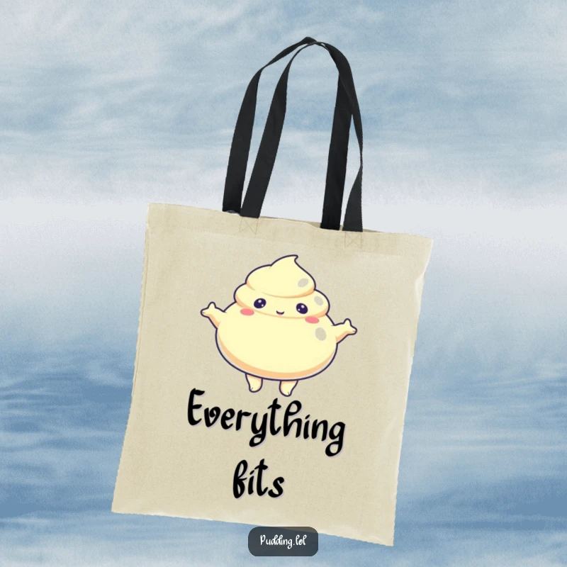 Funny Tote Bag with a jiggly pudding character with arms outstretched, perfect for carrying items with a welcoming, huggable flair.