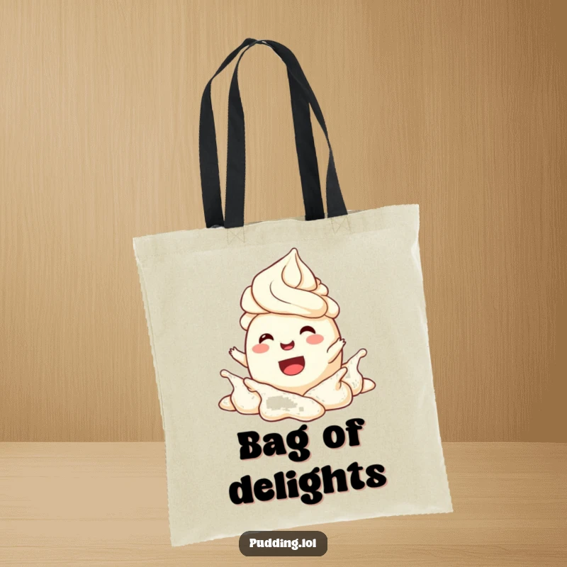 Funny Tote Bag illustrating a joyful pudding character gleefully splashing in a dollop of whipped cream, a fun accessory.