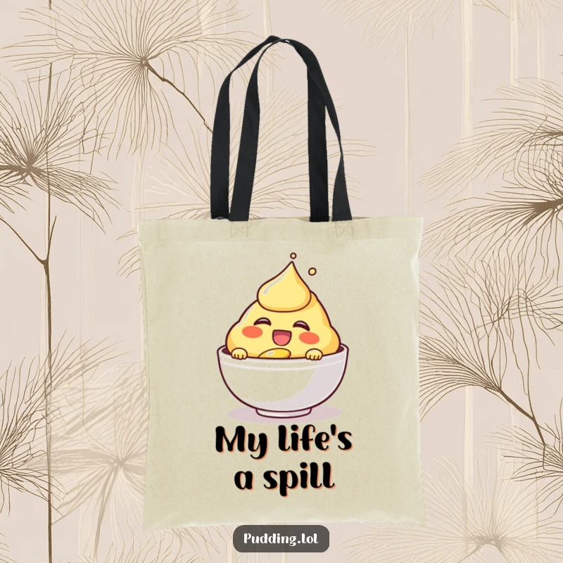 Funny laughing custard character on a tote bag, pouring joyfully, ideal for carrying groceries or daily items with humor.
