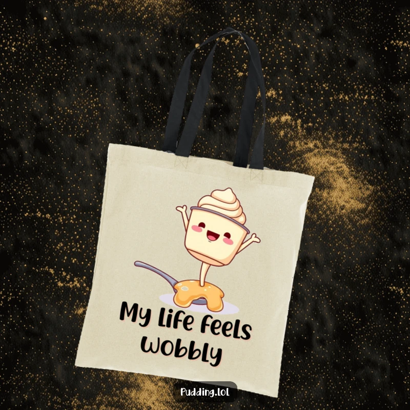 Funny tote bag: A smiling pudding cup character attempts a handstand on a spoonful of jelly, making this a humorous and functional accessory.