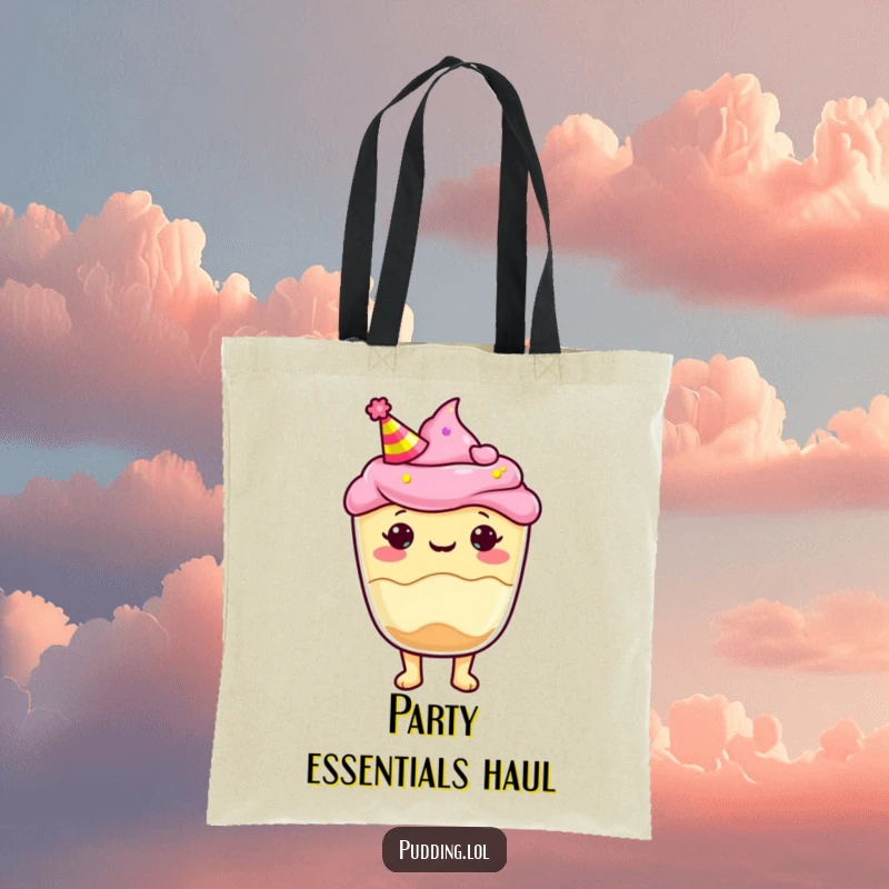 Funny Tote Bag with a pudding cup character wearing a party hat, perfect for carrying party essentials with festive flair.