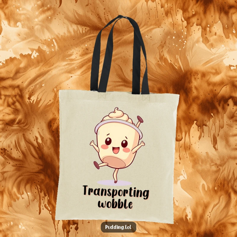 Funny tote bag: A wobbly pudding cup character attempts a somersault, perfect for carrying your treats with a side of dessert humor.